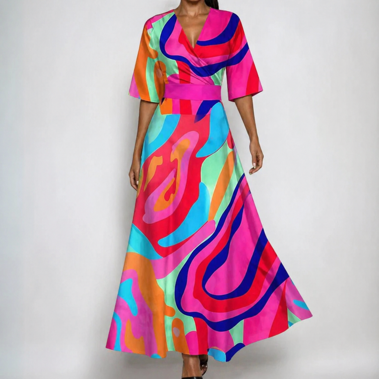 Celeste | Women's Satin Floral Wrap V-Neck Belted Maxi Dress