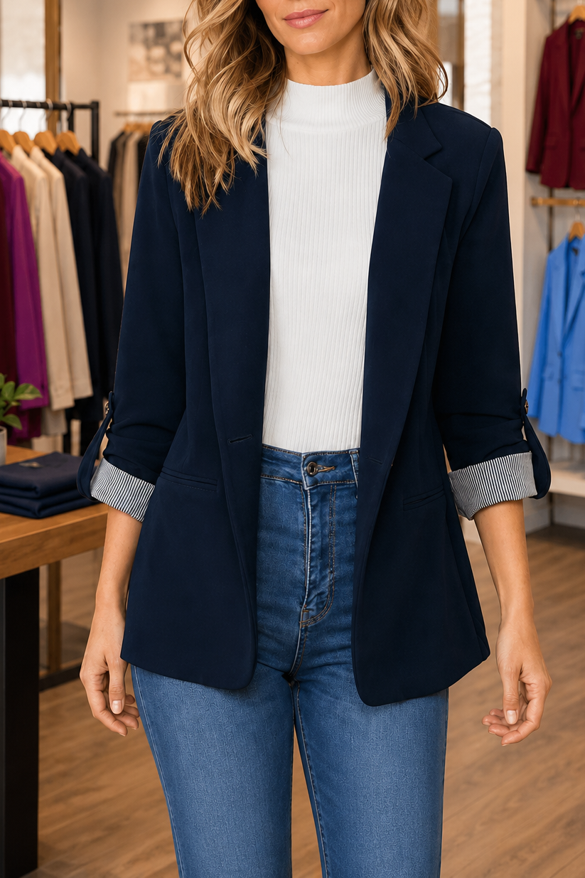 Women's lapel blazer cardigan with structured shoulders, front view