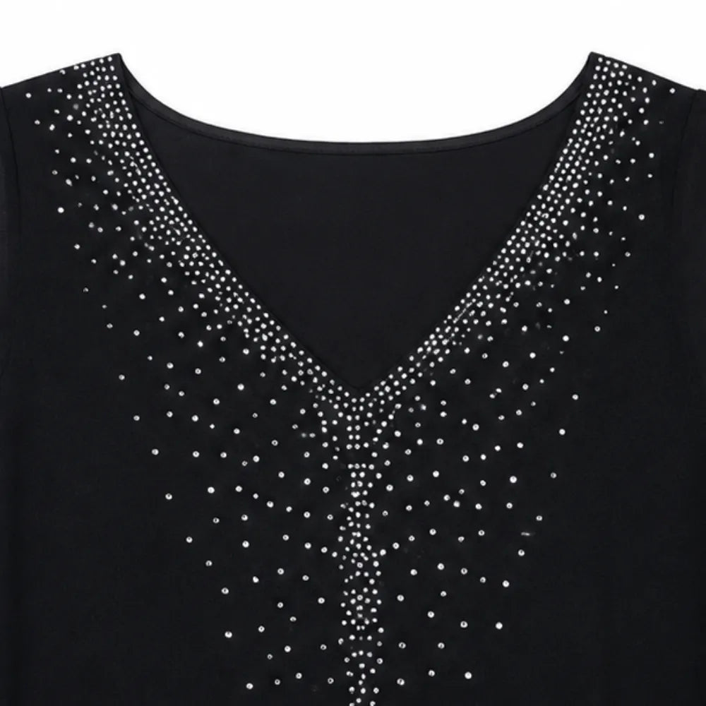Velora - Rhinestone V-Neck Cape Midi Dress