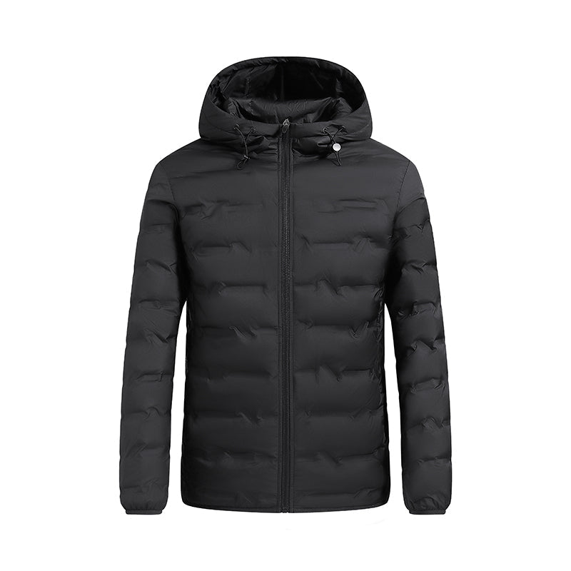 Men's hooded winter puffer jacket with quilted panels - dark blue