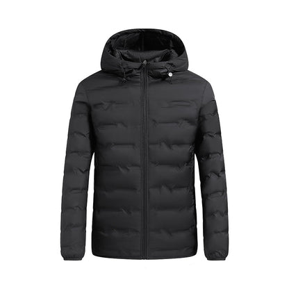 Men's hooded winter puffer jacket with quilted panels - dark blue