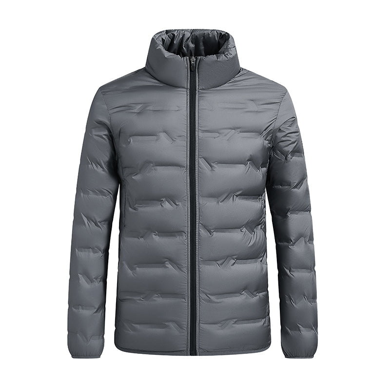 Men's hooded winter puffer jacket with quilted panels - gray