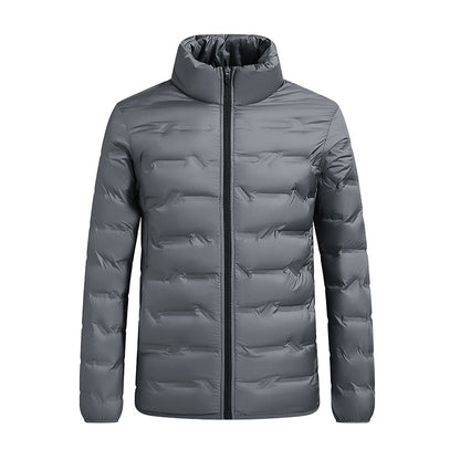 Men's hooded winter puffer jacket with quilted panels - gray