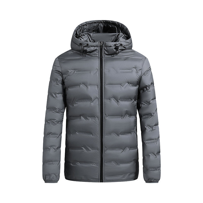 Men's hooded winter puffer jacket with quilted panels