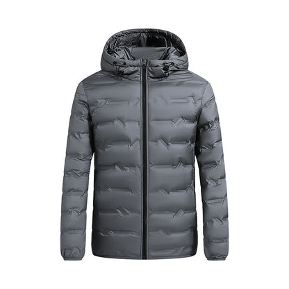 Men's hooded winter puffer jacket with quilted panels
