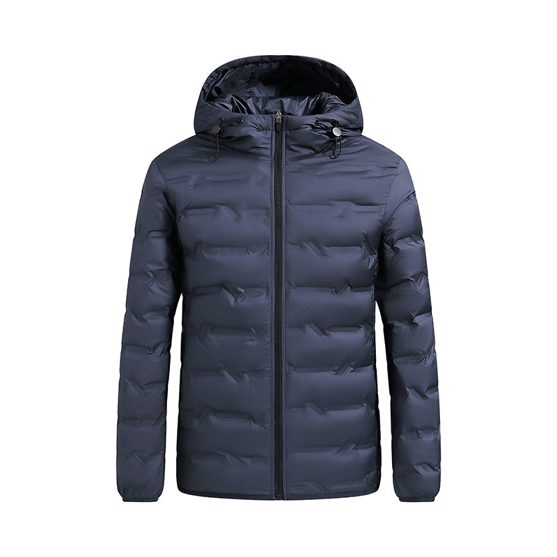 Men's hooded winter puffer jacket with quilted panels