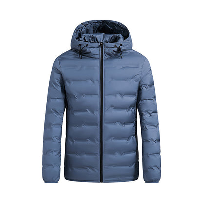 Men's hooded winter puffer jacket with quilted panels - blue