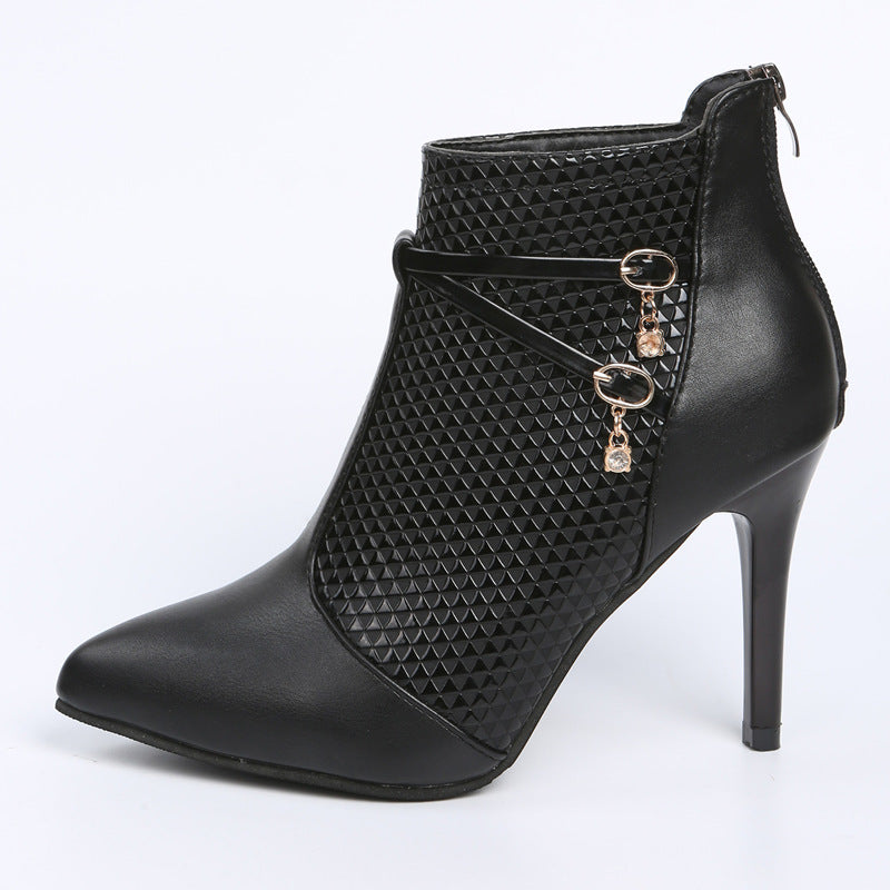 Black pointed toe stiletto ankle boots for women