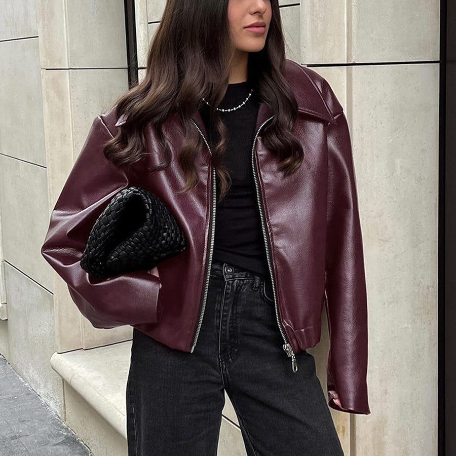 Women's burgundy faux leather zip jacket with lapel collar