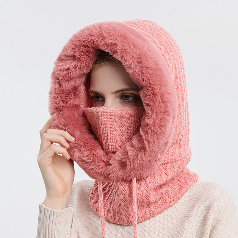 Women's hooded winter knit hat with scarf
