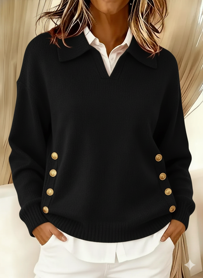 Woman wearing V-neck sweater with fold-over collar