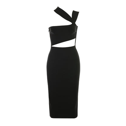 Women's solid color party dress in black and caramel