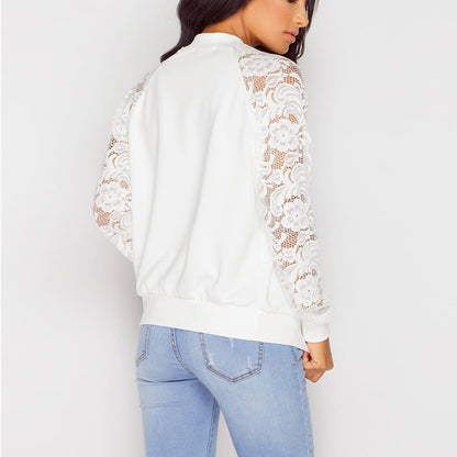 Women's white bomber jacket with lace sleeve detail