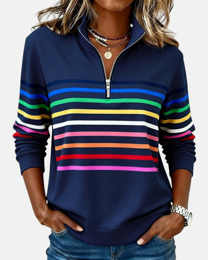 Women's rainbow striped half zip sweatshirt with stand-up collar