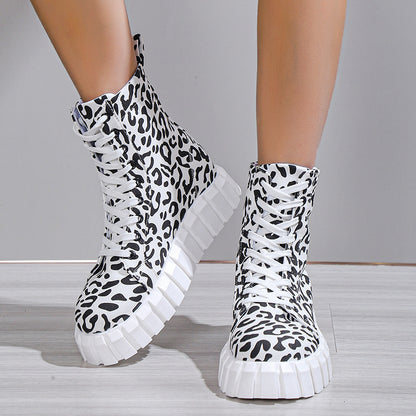 Women's leopard print platform boots with round toe