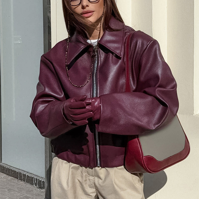 Women's burgundy faux leather zip jacket with lapel collar