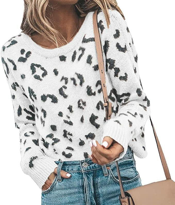 Women's leopard print knit sweater in white pink and gray