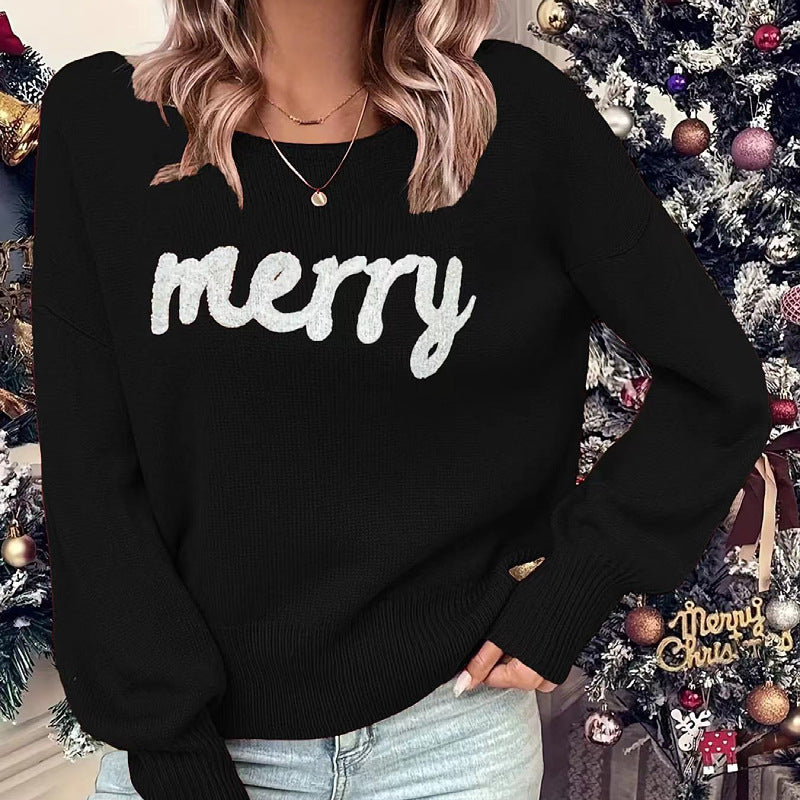 Woman wearing loose knit crew neck pullover sweater