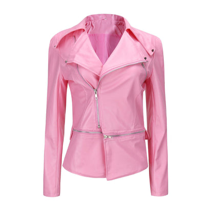 Woman wearing slim fit motorcycle faux leather jacket