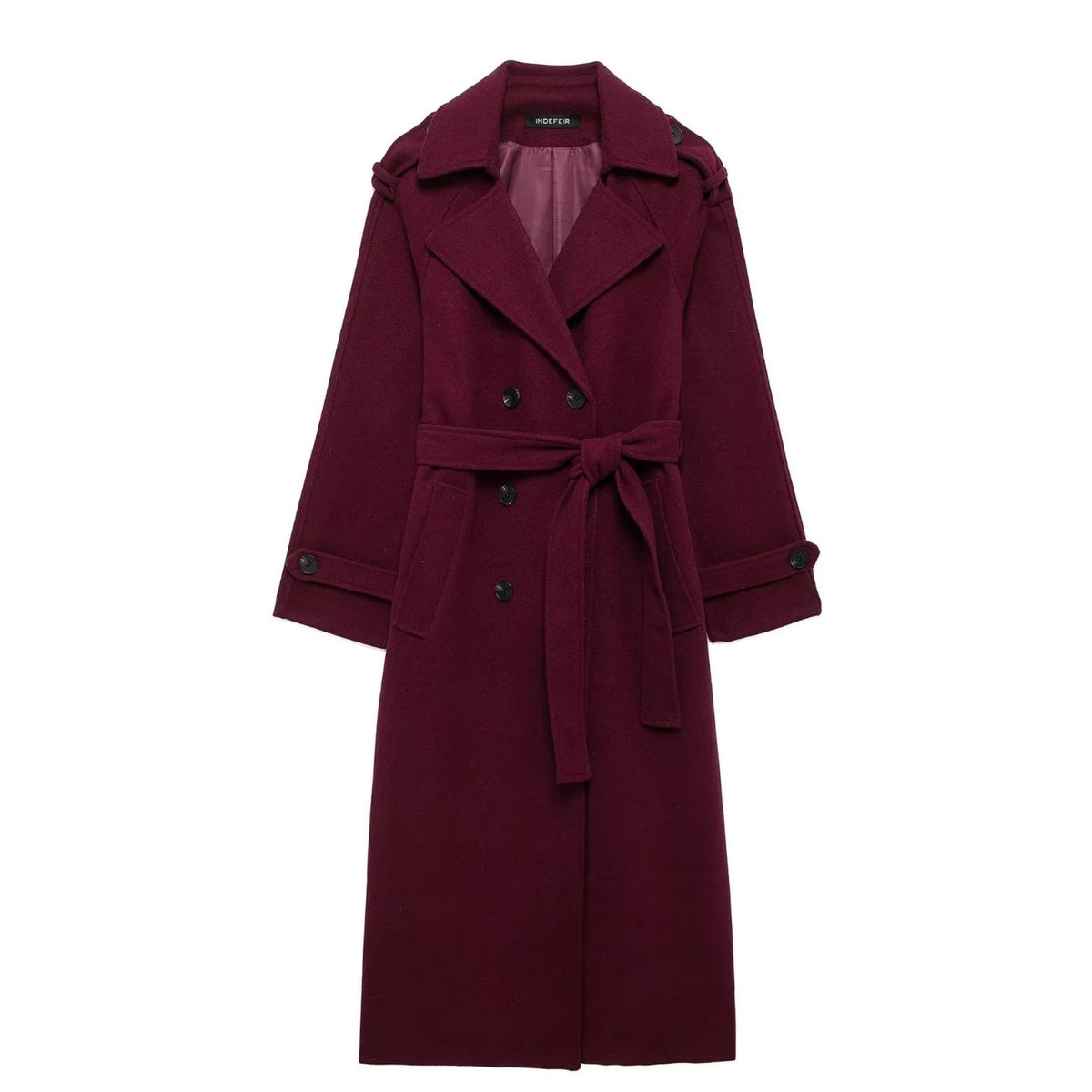 Woman wearing wine red double-breasted long coat with belt