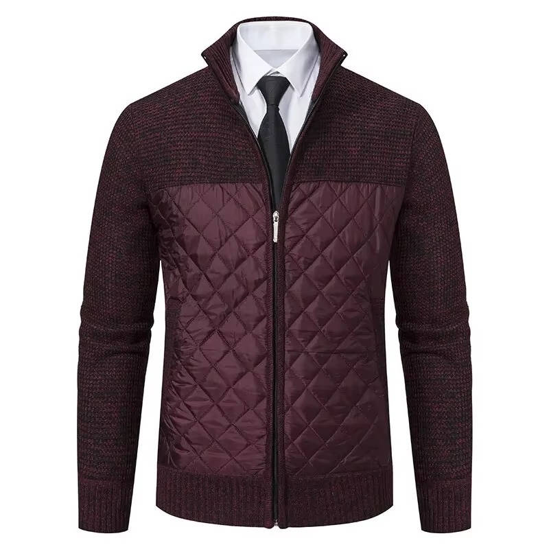 Sweater jacket for men with quilted hybrid panels - wine red