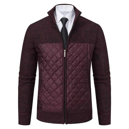 Sweater jacket for men with quilted hybrid panels - wine red