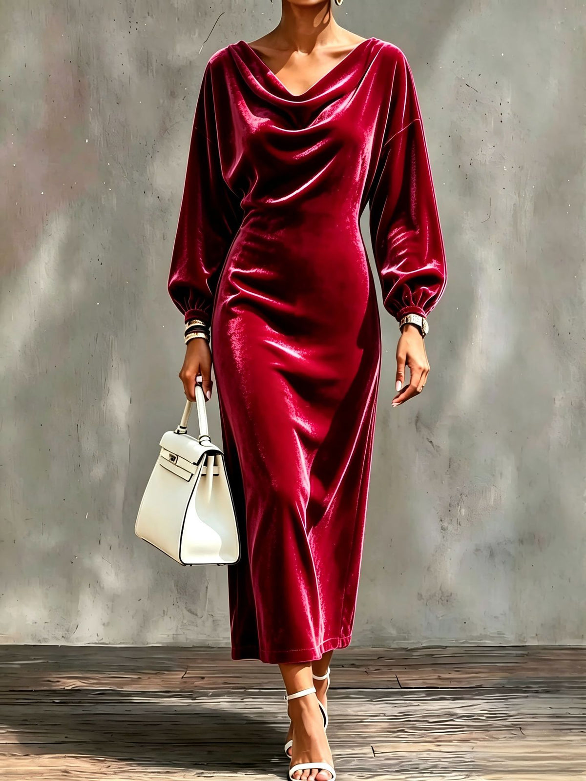 Round neck velvet midi dress for women - wine red