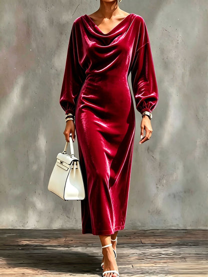 Round neck velvet midi dress for women - wine red