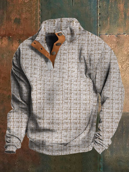 Men's textured knit half zip sweater with stand collar - light brown