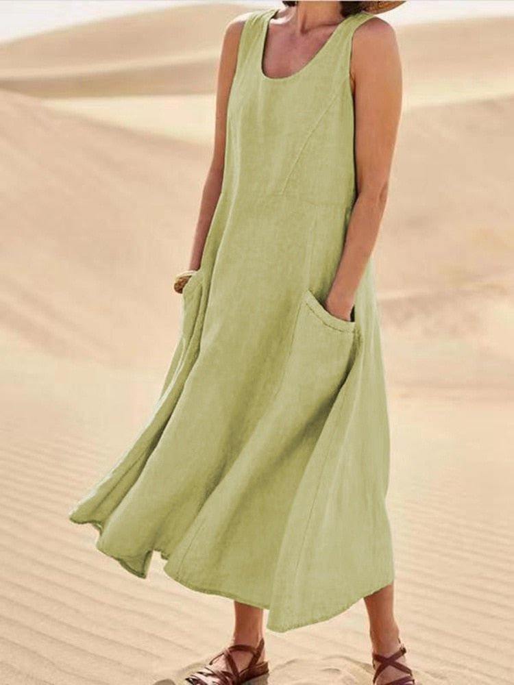 Dune | Women's Linen Sleeveless Pocket Scoop-Neck Midi Dress