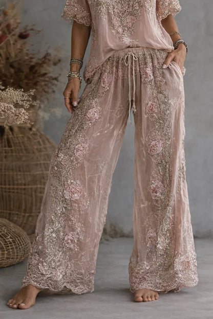 Floral embroidered two piece set with V-neck top