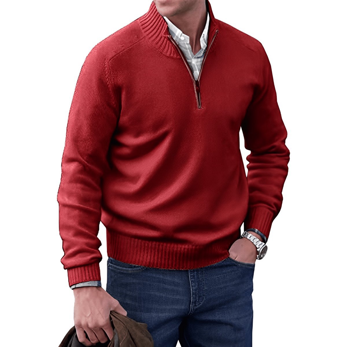Quarter-zip knitted sweater for men - red