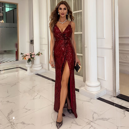 Woman wearing sequin maxi dress with V-neck and spaghetti straps