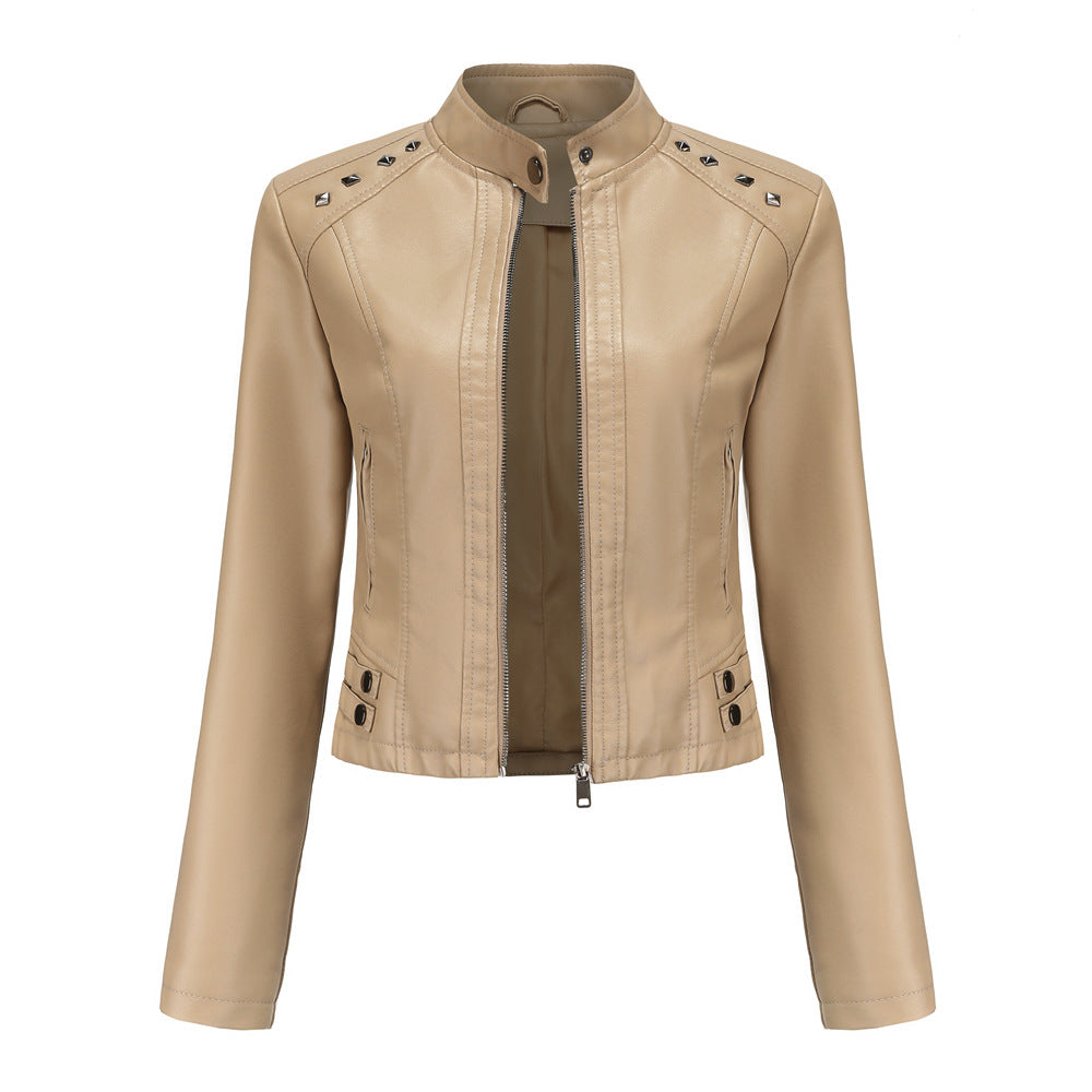 Women's studded faux leather short jacket with zip front