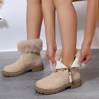 Women's beige winter boots with side zipper and plush lining