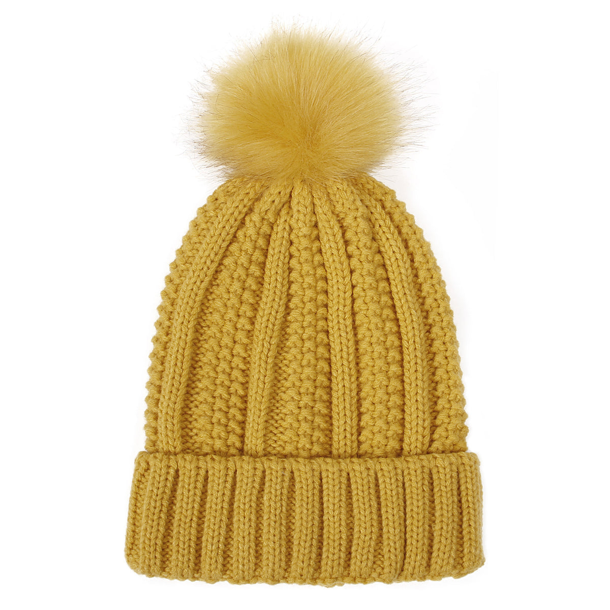 Women's knit beanie with faux fur pom pom