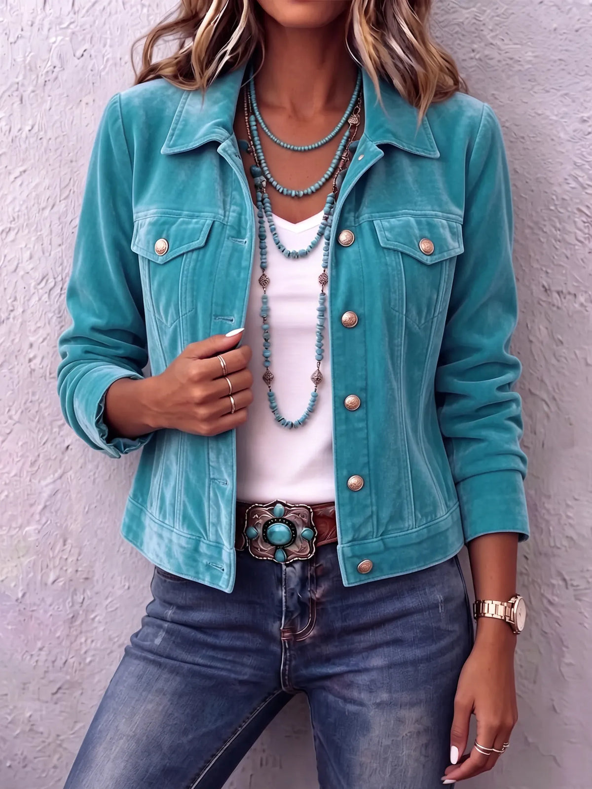 Woman wearing vintage wash button front jacket