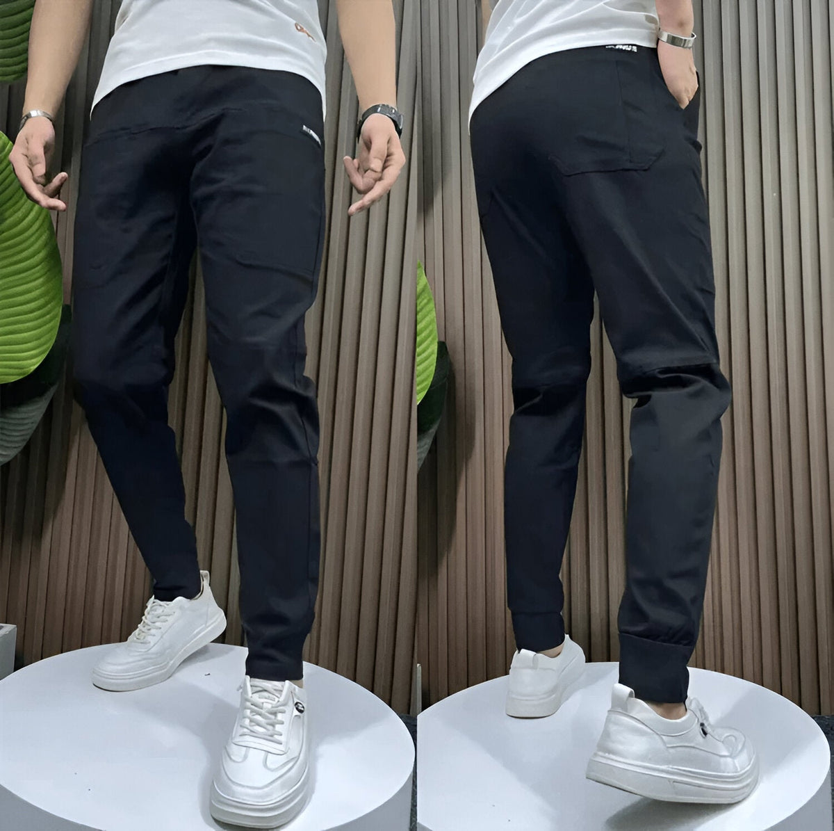 Men's stretch cargo pants with zip thigh pockets - black
