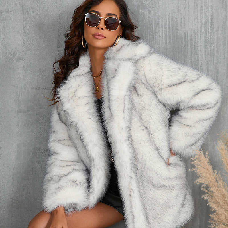 Long faux fur coat with lapel collar for women
