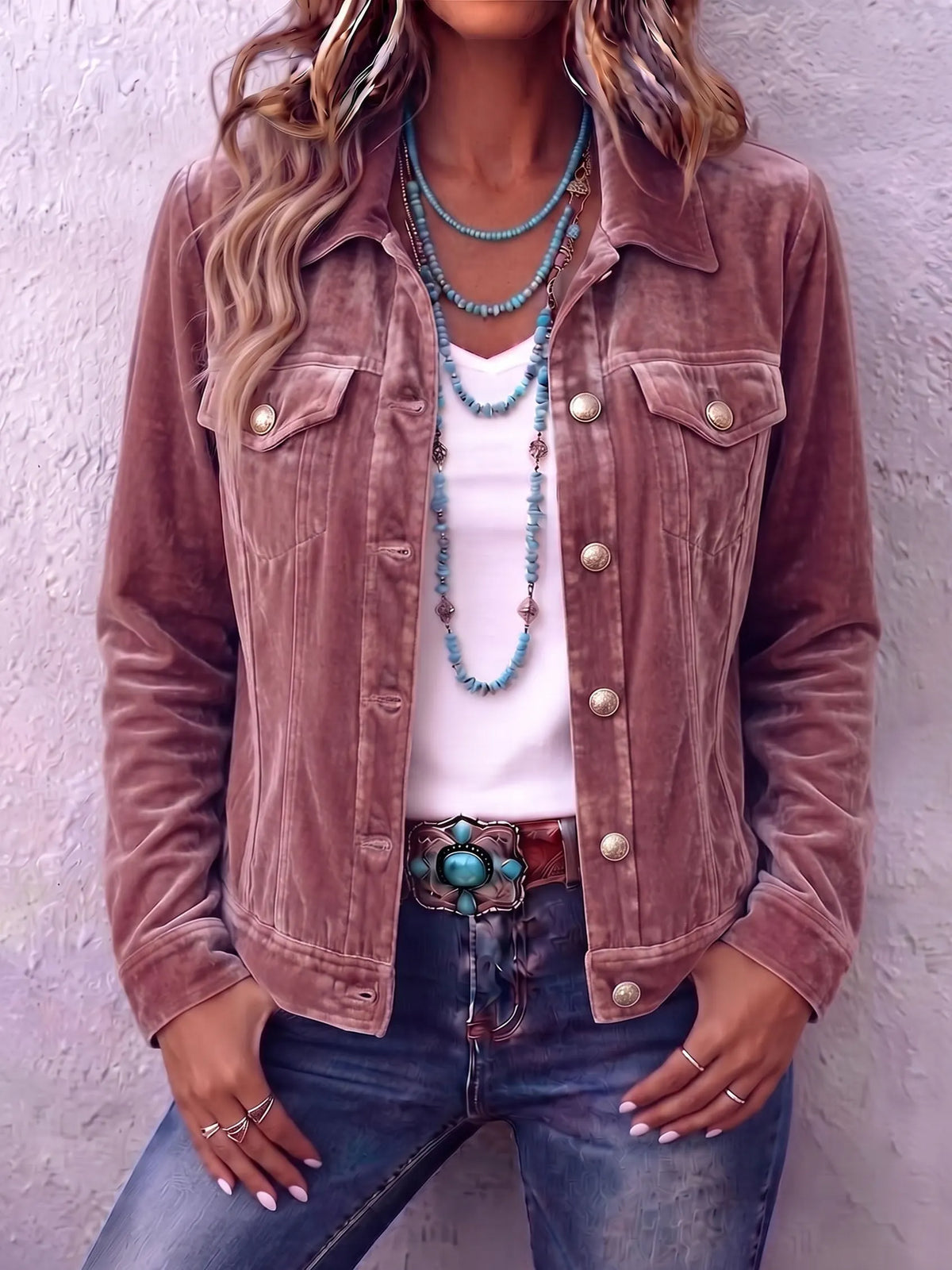 Woman wearing vintage wash button front jacket