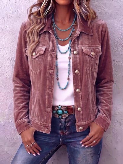 Woman wearing vintage wash button front jacket