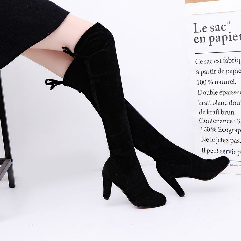 Black knee high thick heel boots for women
