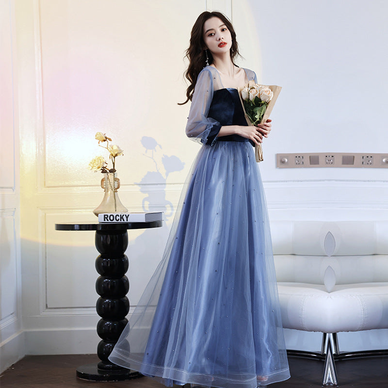 Light blue long A-line party dress with bandage detail