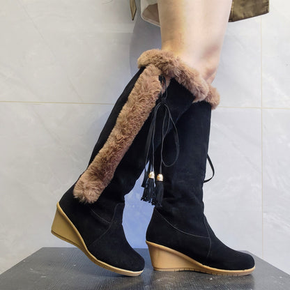 Women's black winter wedge knight boots with ribbon detail