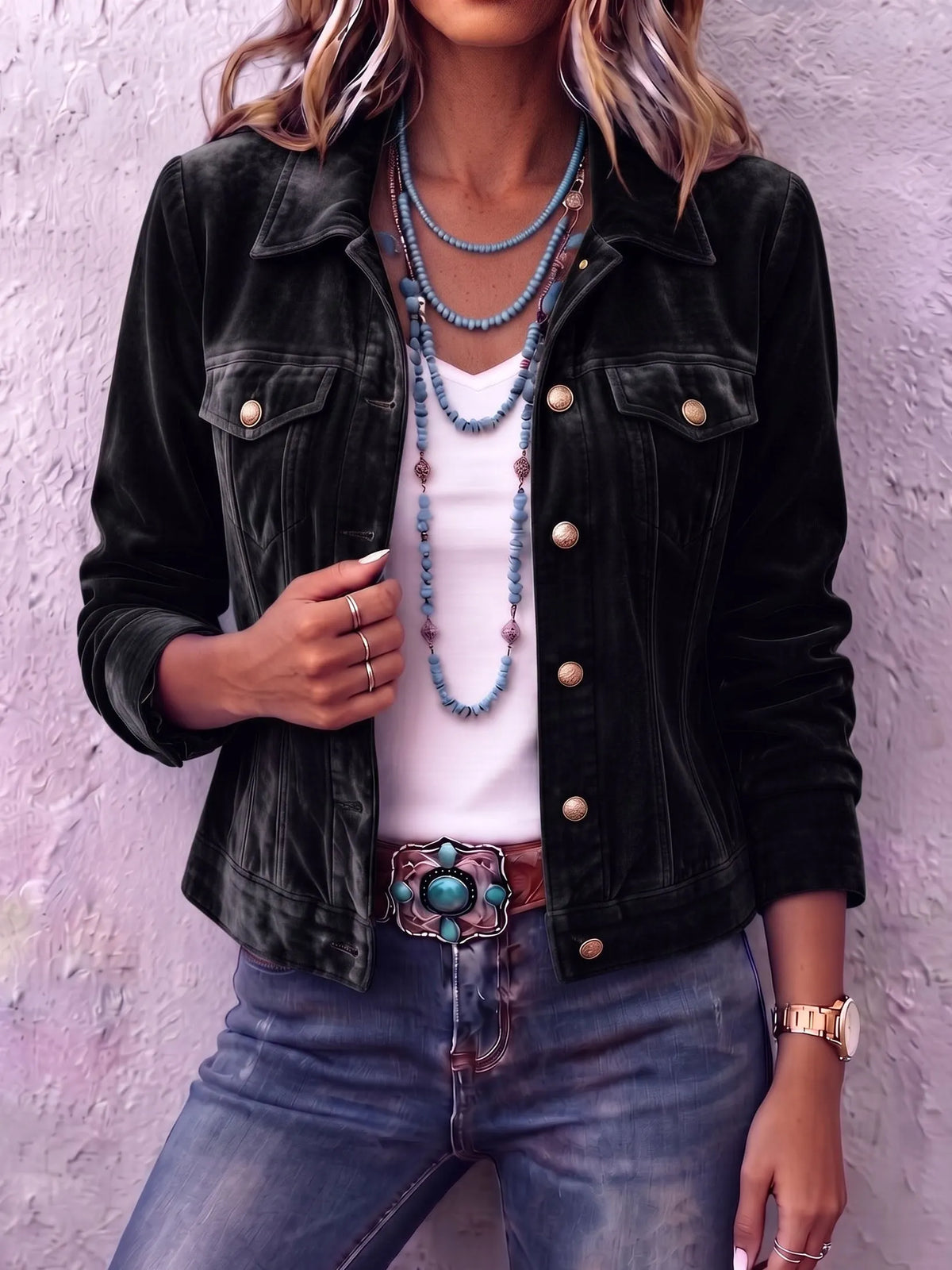 Woman wearing vintage wash button front jacket