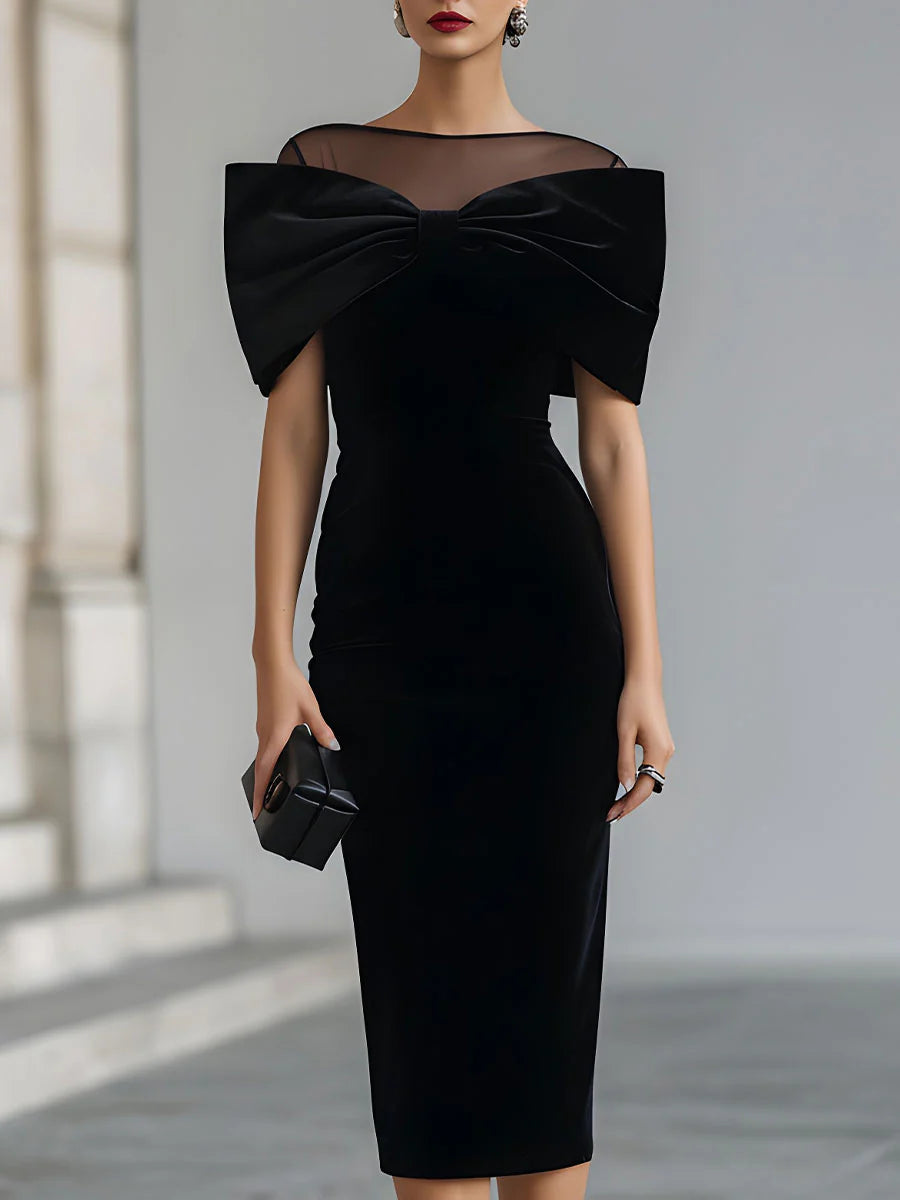 Elspeth - Cocktail Midi Dress with Sheer Neckline and Bow