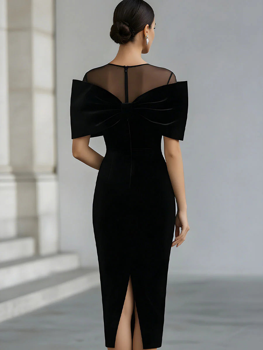 Elspeth - Cocktail Midi Dress with Sheer Neckline and Bow