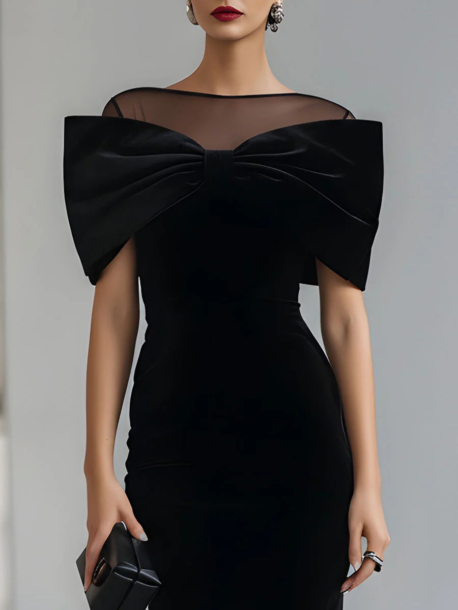 Elspeth - Cocktail Midi Dress with Sheer Neckline and Bow