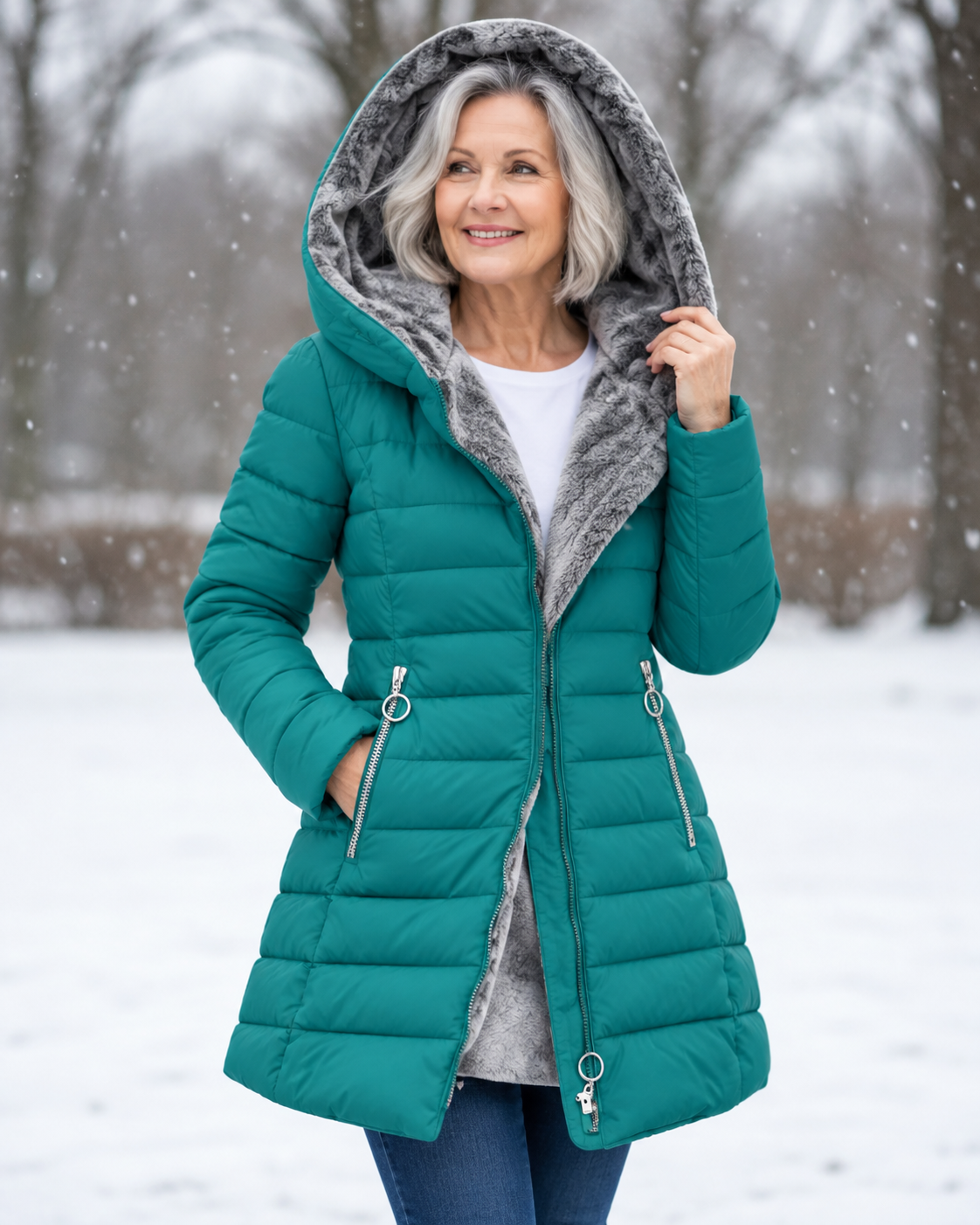 Woman wearing quilted winter coat with hood outdoors