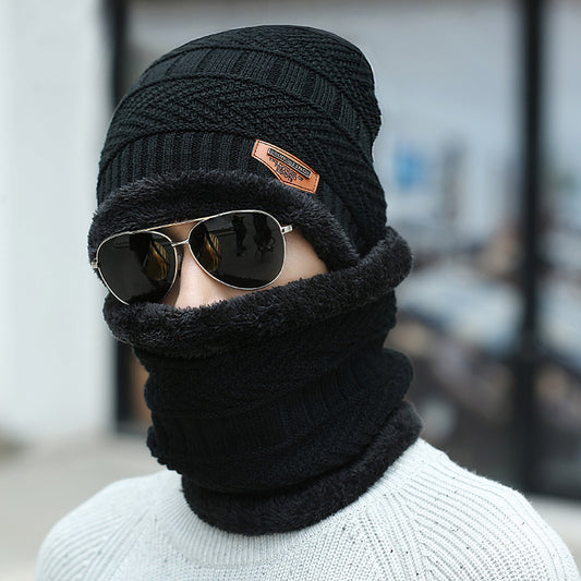 Women's knit beanie and scarf set in winter colors